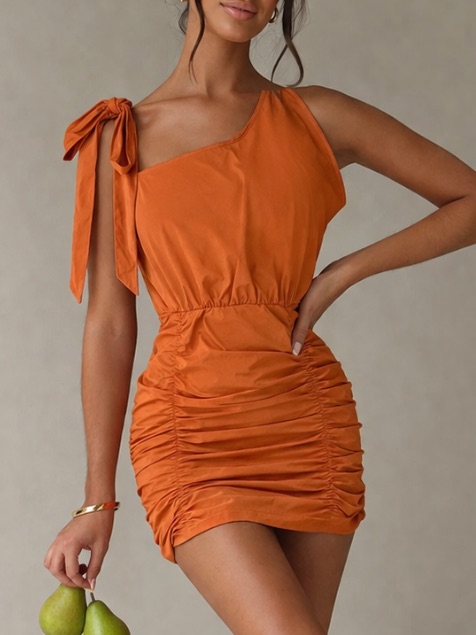 Nwt Lily Coco Orange, Mini Detailed Ruched Bottom Dress Size S.